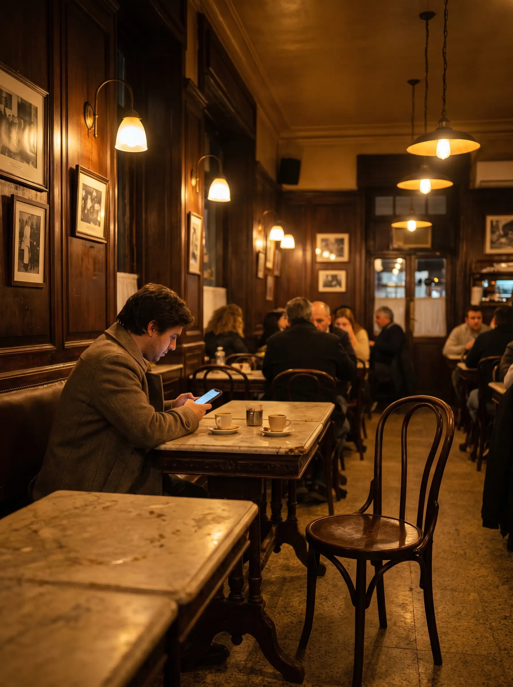 Un café notable de Buenos Aires: una persona espera sola en una mesa de mármol con dos cafés servidos y una silla vacía enfrente.