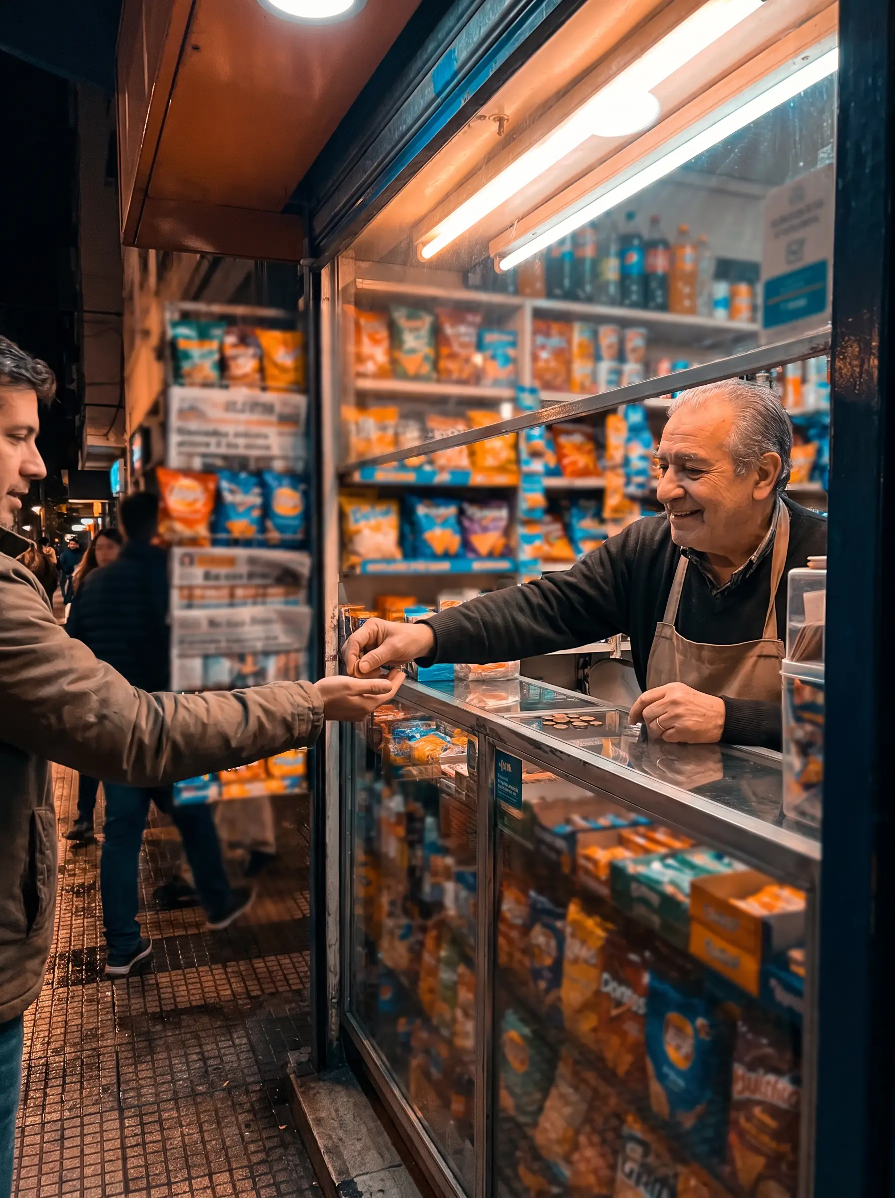 Un kiosquero sonriente le da el vuelto a un cliente por la ventana de un kiosco porteño de noche.