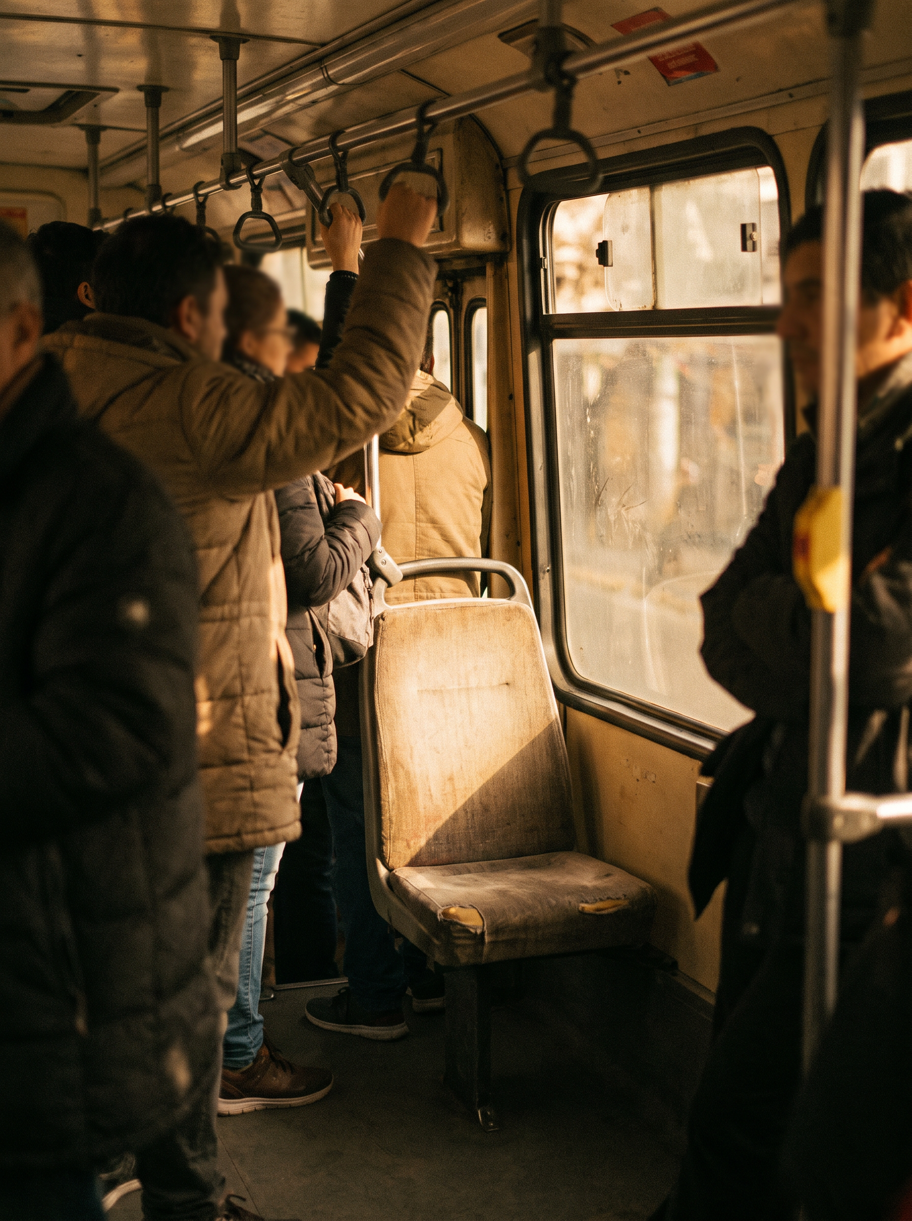 Interior de un colectivo porteño a contraluz: un asiento prioritario vacío iluminado por el sol de la tarde, rodeado de pasajeros parados.
